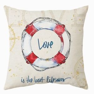 NEW NAUTICAL COASTAL BEACH DECOR LOVE IS THE BEST LIFESAVER LINEN PILLOW COVER